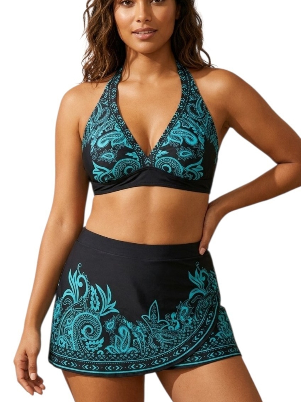 ​NWOT Paisley 2 Piece Swimsuit Halter Bikini Top Swim Skirt Set Black Teal M